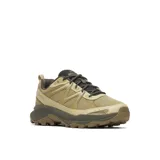 Championes de senderismo Merrell modelo Tempo Exp, color beige con detalles en verde oliva. Presentan una construcción en malla transpirable y refuerzos sintéticos, con entresuela de espuma EVA para mayor estabilidad y suela de goma con tacos para tracción.