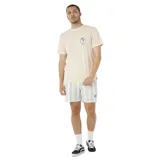 Remera de manga corta color beige, con cuello redondo y estampado pequeño en el pecho que incluye palmeras y el logo de la marca Rip Curl.