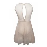 Vestido corto nude de malla transparente con bordes en contraste negro, diseño ajustado con body incorporado y falda evasé ligera.
