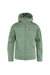 Campera verde con capucha, cierre frontal y bolsillos con cierre.