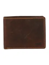 Billetera de cuero marrón con costuras en color claro. Cuenta con ocho ranuras para tarjetas, un bolsillo con cierre para monedas y tecnología RFID para protección contra el robo de datos.