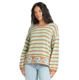 Sweater de punto Billabong Bayside con diseño de rayas horizontales en tonos marrones y celestes, cuello redondo y detalle de ondas en el borde inferior.