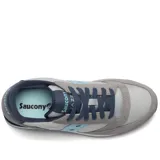 Championes Saucony Jazz Original, color gris con detalles en celeste y azul. Capellada de nylon y gamuza, entresuela de EVA que ofrece amortiguación y suela de goma resistente.
