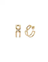 Par de aros dorados con forma de aro doble, bañados en oro de 18k y con un topacio blanco engarzado. Cierre a presión.