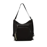 Cartera bandolera convertible en mochila, color negro, con diseño funcional que incluye múltiples bolsillos frontales con cierre y tiradores decorativos. Cuenta con correas ajustables y herrajes metálicos.