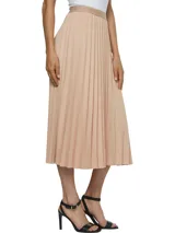 Falda midi plisada color beige con cintura elástica con logo de Tommy Hilfiger repetido.