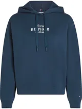 Buzo azul con capucha de Tommy Hilfiger. Tiene cordones ajustables, puños y dobladillo acanalados, y el logo de Tommy Hilfiger bordado en blanco en el pecho.