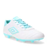 Championes de fútbol Umbro modelo Touch FG, diseñados para césped natural. Presentan un diseño en color blanco con detalles en celeste en los cordones, el logo lateral, el interior y la suela con tacos.