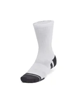 Pack de tres pares de medias deportivas de caña media, color blanco con puntera y talón en gris oscuro. Presentan diseño ergonómico con amortiguación, paneles de malla para ventilación y soporte de arco integrado.