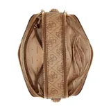 Cartera tipo bandolera Guess con diseño estructurado y estampado de monograma de la marca en tono marrón. Incluye un monedero pequeño desmontable en la correa y herrajes metálicos dorados.