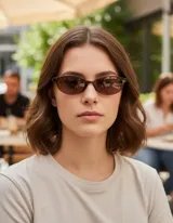 Lentes de sol unisex con montura fina y estrecha de forma ovalada. La montura es de color marrón translúcido y las lentes son polarizadas de color marrón.