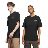 Remera negra de corte clásico con logo de Adidas en el pecho y diseño Shmoo en color verde agua.