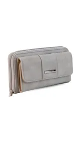 Billetera larga marca Lincoln's, color bordó con interior beige. Presenta un diseño con solapa frontal, múltiples compartimentos para tarjetas, visor y monedero con cierre.