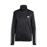 Campera deportiva Adidas de mujer, confeccionada en tejido tricot de poliéster. Presenta un diseño clásico en color negro con cuello alto, cierre frontal completo y las icónicas tres tiras blancas en las mangas. Incluye bolsillos laterales y puños elásticos.