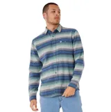 Camisa de manga larga Rip Curl modelo Mod Cali Flannel, con diseño de rayas horizontales en tonos verdes y azules. Presenta cuello clásico, cierre frontal con botones y un bolsillo en el pecho.