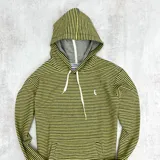 Canguro rústico a rayas horizontales amarillas y azul marino, con capucha y cordones blancos.