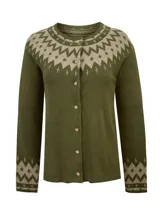 Cardigan RKF modelo Andros de color verde militar, con diseño tejido de patrones tradicionales en el canesú y los puños, cuello redondo, manga larga y cierre frontal de botones.