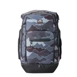 Mochila Rip Curl modelo F-Light Surf 45L Search, color gris con diseño estampado de montañas y base negra. Cuenta con múltiples compartimentos con cierre y detalles de la marca.
