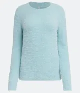 Buzo de punto color rosa claro, con cuello redondo y textura peludita.