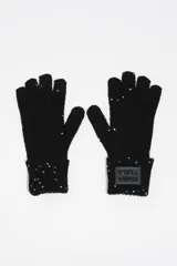 Guantes de punto negro con aplicación de lentejuelas multicolor y parche con logo de la marca en el puño.