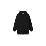 Campera con capucha Fear of God Essentials Property Lounge Long Zip Hoodie, color negro, de corte largo y oversize con cierre frontal completo.