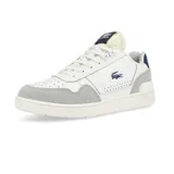 Zapatillas urbanas Lacoste modelo T-Clip 223, color blanco con detalles en gris y azul marino. Presentan el logo de la marca en el lateral y están confeccionadas en cuero y gamuza.