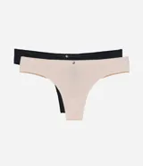 Kit de dos bombachas tipo bikini, confeccionadas en poliamida y elastano, con lateral mediano y diseño liso. Incluye una prenda en color negro y otra en color beige, ambas con un pequeño detalle metálico en la parte frontal.