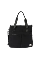 Bolso negro tipo tote de poliamida con doble asa de hombro, bolsillos frontales con cierre y tiradores circulares.