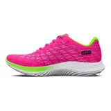 Championes de running Under Armour Flow Velociti, con parte superior Warp transpirable en color fucsia y detalles en verde neón. Presenta mediasuela Flow de una sola pieza para amortiguación reactiva y suela sin goma para mayor ligereza y tracción.