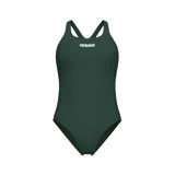 Malla enteriza de natación marca Arena, color verde militar, con tirantes cruzados en la espalda y logo de la marca estampado en el pecho en color blanco.