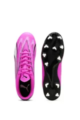 Zapatos de fútbol Puma Ultra Play FG/AG para adulto, color blanco con detalles en rojo y negro.