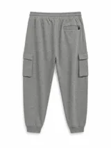 Pantalon tipo cargo de estilo deportivo, confeccionado en tejido de punto gris melange. Presenta cintura elástica con cordón de ajuste, bolsillos laterales con solapa y puños elásticos en los tobillos.
