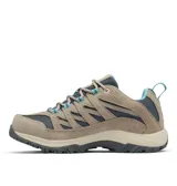 Championes de trekking Columbia modelo Crestwood Omni-Grip, color gris y beige con detalles en celeste, confeccionados en combinación de cuero y malla.