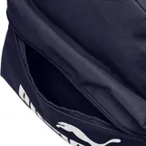 Mochila Puma Phase color azul marino con logo blanco estampado. Cuenta con un compartimento principal con cierre, un bolsillo frontal con cierre, correas acolchadas ajustables y un bolsillo lateral de malla.