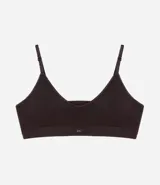 Soutien top color marrón oscuro, sin costuras y con textura acanalada. Presenta copas desmontables, breteles finos ajustables y una pequeña etiqueta con el logo 'lov' en la banda inferior.