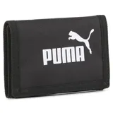 Billetera Puma modelo Phase, color negro con logo de la marca estampado en blanco en el frente.
