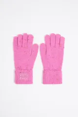 Guantes de punto rosa con motas de colores y etiqueta de silicona con el logo de Bimba y Lola.