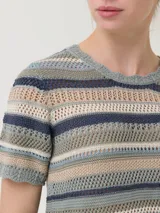 Remera de punto calado con diseño de rayas horizontales multicolor. Presenta cuello redondo y terminaciones con borde ondulado en mangas y ruedo. Incorpora sutiles destellos de lurex en su tejido.