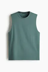 Musculosa deportiva H&M Move de corte estándar, color verde oscuro, con tecnología DryMove para absorción del sudor, cuello redondo y sisas amplias.