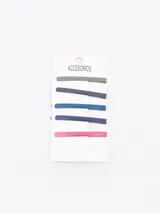 Set de cinco broches para el pelo tipo clip, de metal con acabado mate en colores gris, azul oscuro, celeste, violeta y rosa.