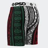 Calzoncillos bóxer de hombre PSD con estampado geométrico en negro, blanco, rojo y verde. Cintura elástica blanca con logo de la marca.