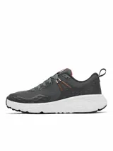 Championes de trekking Columbia Konos Trs Omni-Max para mujer, en color gris oscuro con entresuela blanca y detalles en coral. Diseñados con empeine de malla técnica y sistema Navic Fit para mayor soporte y comodidad en senderismo.