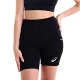 Short calza deportiva Asics color negro, de tiro alto y ajuste ceñido, con bolsillos laterales y el logo de la marca estampado en la pierna izquierda.