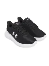 Championes de running Under Armour modelo Phade RN 3, color negro con entresuela blanca. Presentan una parte superior de malla ligera y transpirable con el logo de la marca en el lateral y suela de goma con ranuras flexibles.