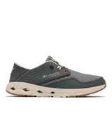 Championes Columbia modelo Bahama X Relaxed, diseñados para actividades acuáticas y pesca. Presentan una parte superior mixta de cuero y lona en color gris, con entresuela de espuma ligera en tono crema y suela de goma con orificios de drenaje. Incluyen cordones elásticos y talón plegable para mayor comodidad.