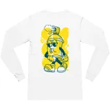 Remera de manga larga color blanco con estampa gráfica en la espalda que representa un personaje antropomórfico de lata de aerosol con lentes de sol, en tonos amarillos y azules.