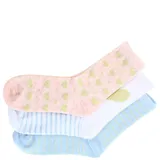 Pack de tres pares de medias de mujer Miss Carol, con diseños variados: un par rosa con corazones verdes, un par blanco con un corazón verde y un par celeste con rayas verdes.