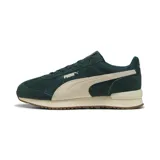 Championes urbanos Puma modelo R78 Wind SD, color verde oscuro con detalles en beige. Presentan el diseño clásico de la marca con la franja lateral característica y suela de goma.