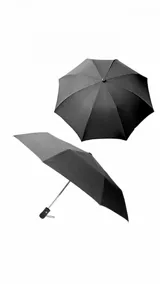 Paraguas plegable automático de color negro, con estructura metálica y mango ergonómico.