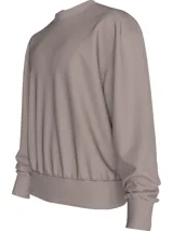 Buzo de poliéster color gris topo, con cuello redondo, puños y dobladillo en punto canalé. Presenta un corte relajado y cinta decorativa con logo de la marca en los laterales.